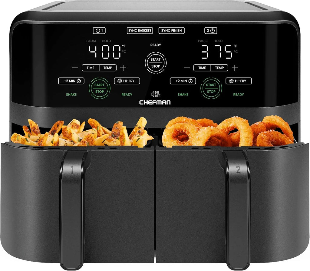 Chefman 6 Quart Dual Basket Air Fryer - Digital Touchscreen, Smart Sync Finish, Hi-Fry, Auto Shutoff, 2 Independent 3QT Nonstick Dishwasher-Safe Frying Baskets - Digital Double Air Fryer - Black