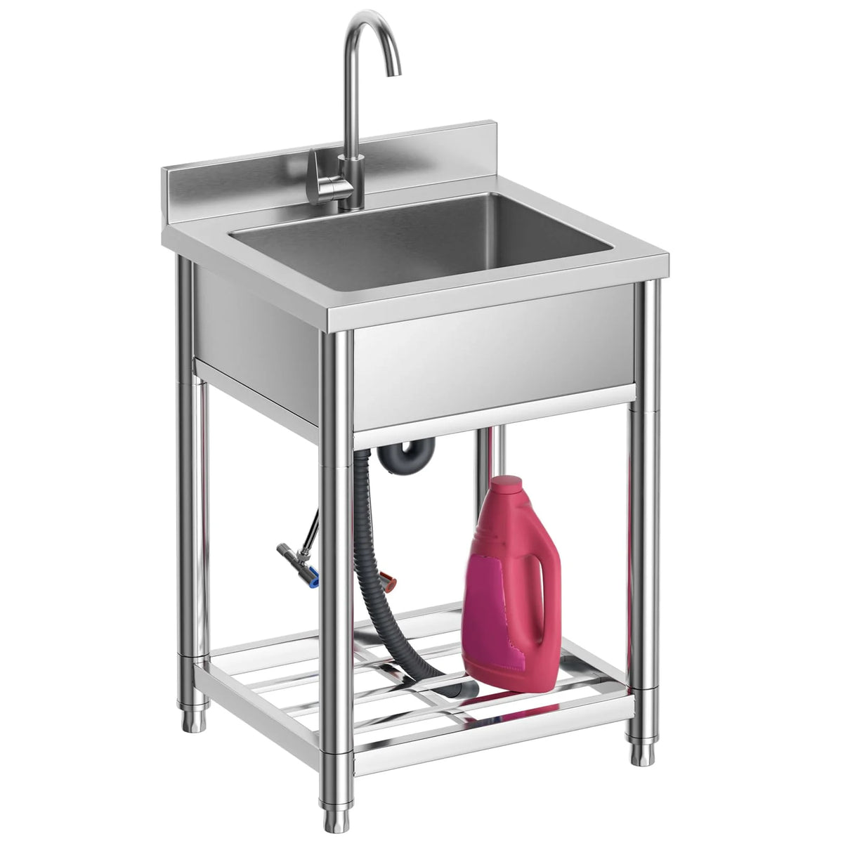 Stainless Steel Utility Sink, Free Standing Single Bowl Kitchen Sink with Cold and Hot Water Faucet, Commercial Sink for Restaurant Bar Cafe and Hotel, Indoor and Outdoor Sink, 21.7 in