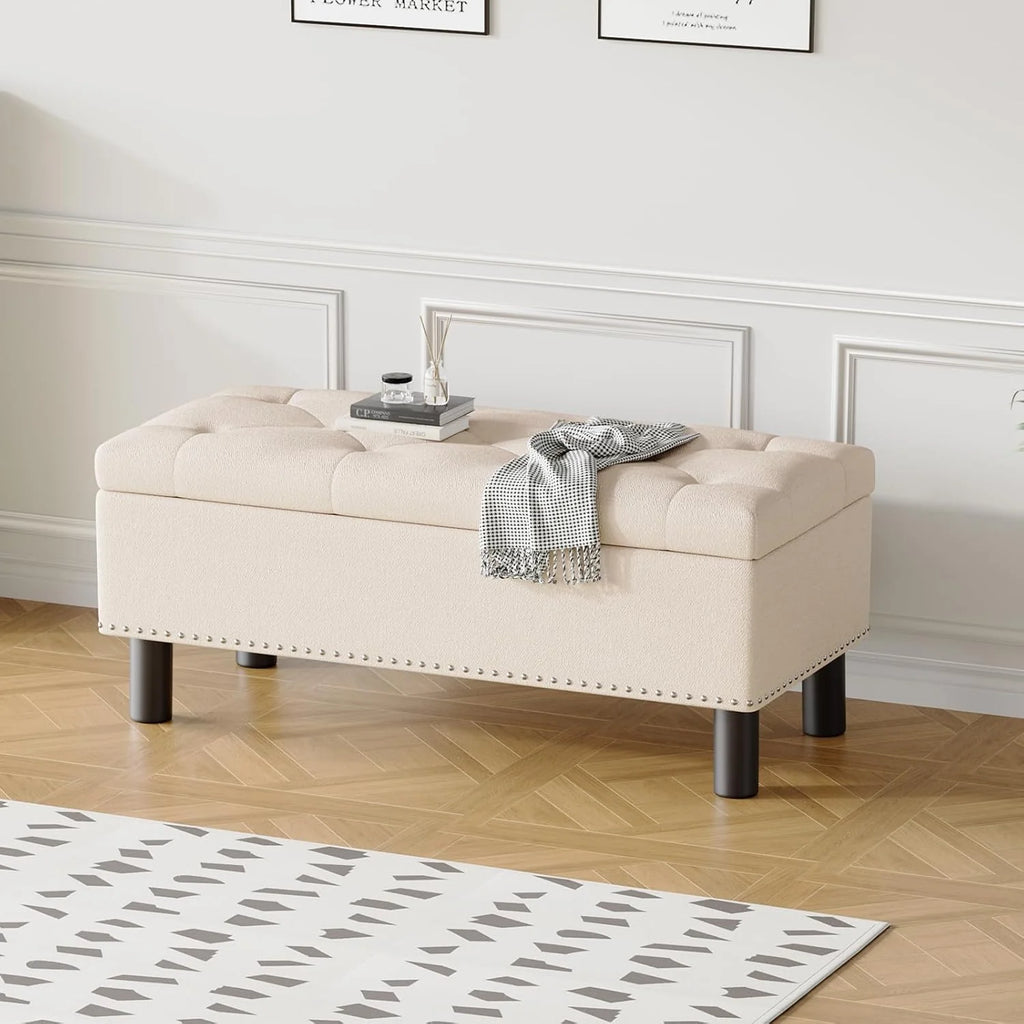Furniliving Modern Storage Ottoman Bench, Sherpa Ottoman End of Bed Bench with Solid Wood Legs Upholstered Ottoman Benches with Storage Indoor Bench