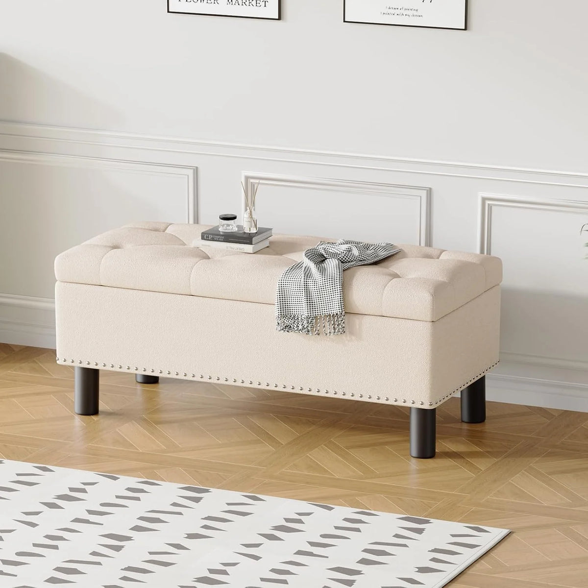 Furniliving Modern Storage Ottoman Bench, Sherpa Ottoman End of Bed Bench with Solid Wood Legs Upholstered Ottoman Benches with Storage Indoor Bench