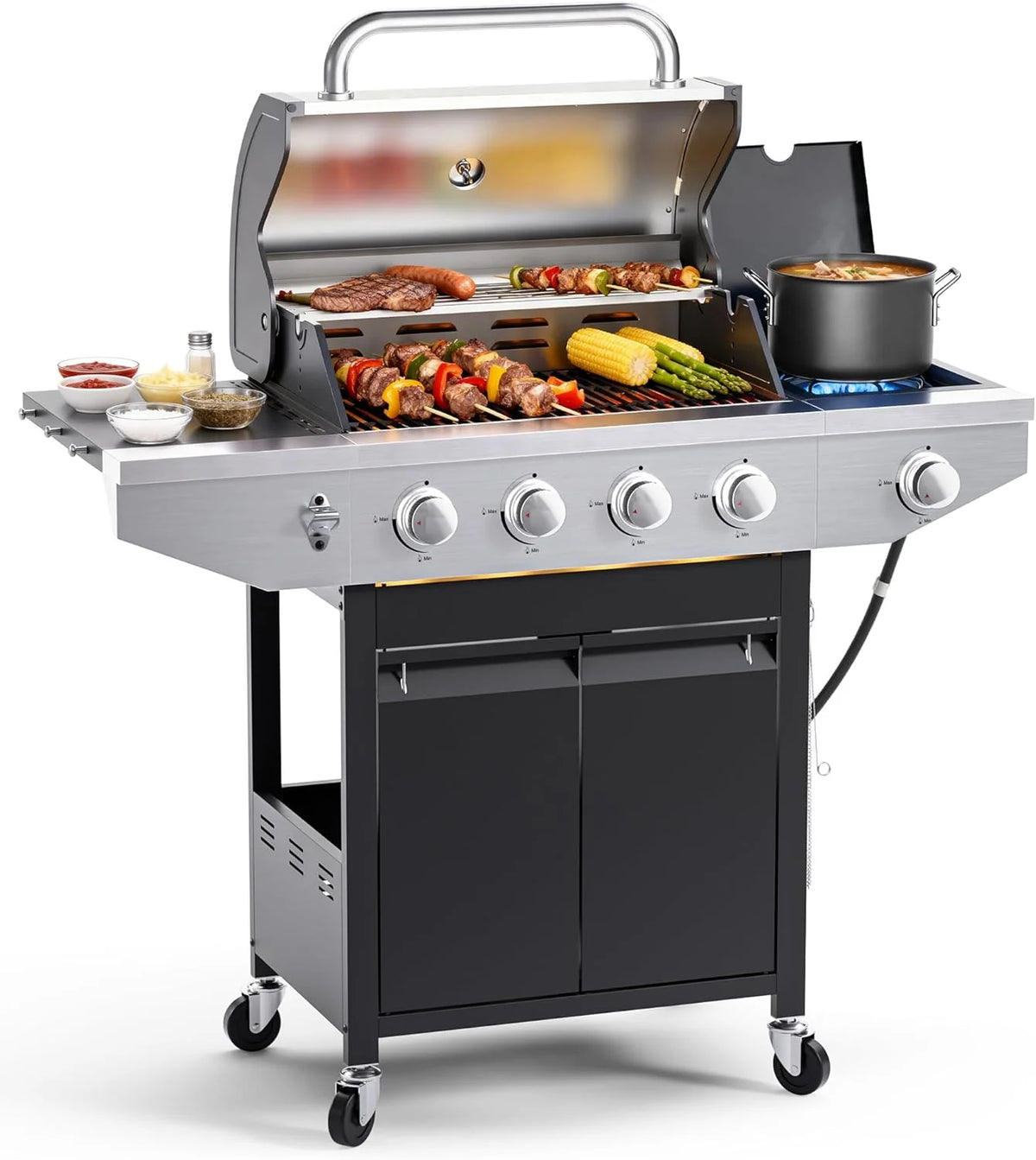 4-Burner Propane Gas BBQ Grill with Side Burner 46500 BTU Output Stainless Steel Barbecue Grill
