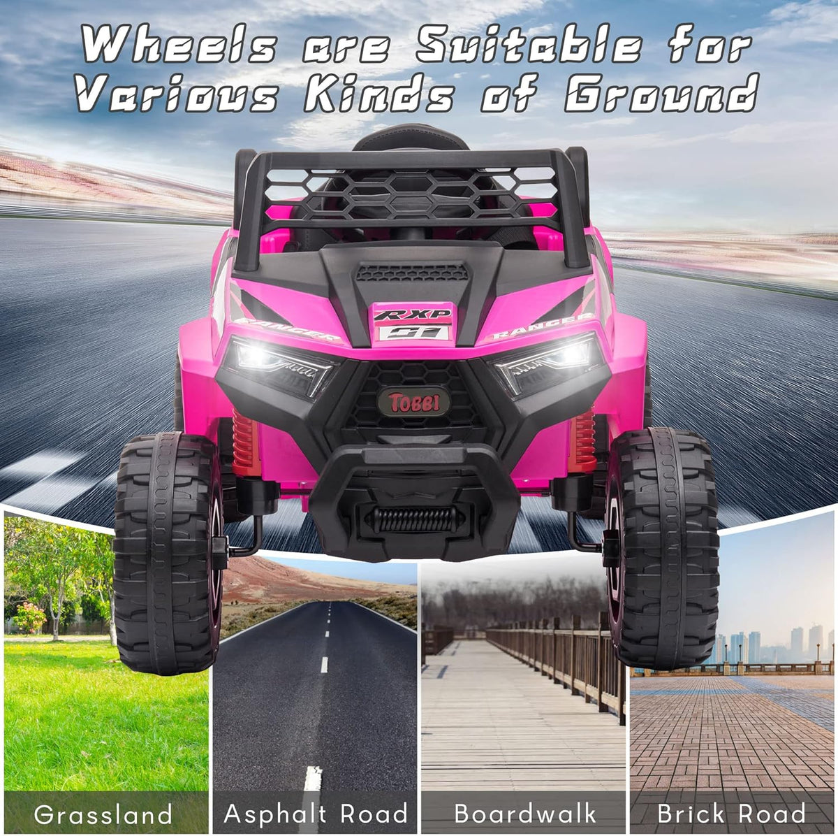 TOBBI 12V Kids Ride on Car, Electric Off-Road UTV Truck with Diverse Functions, Double Open Doors, Safety Belt, Horn, Music, and Lights for Kids Aged 3-5 Years (Rose Red)