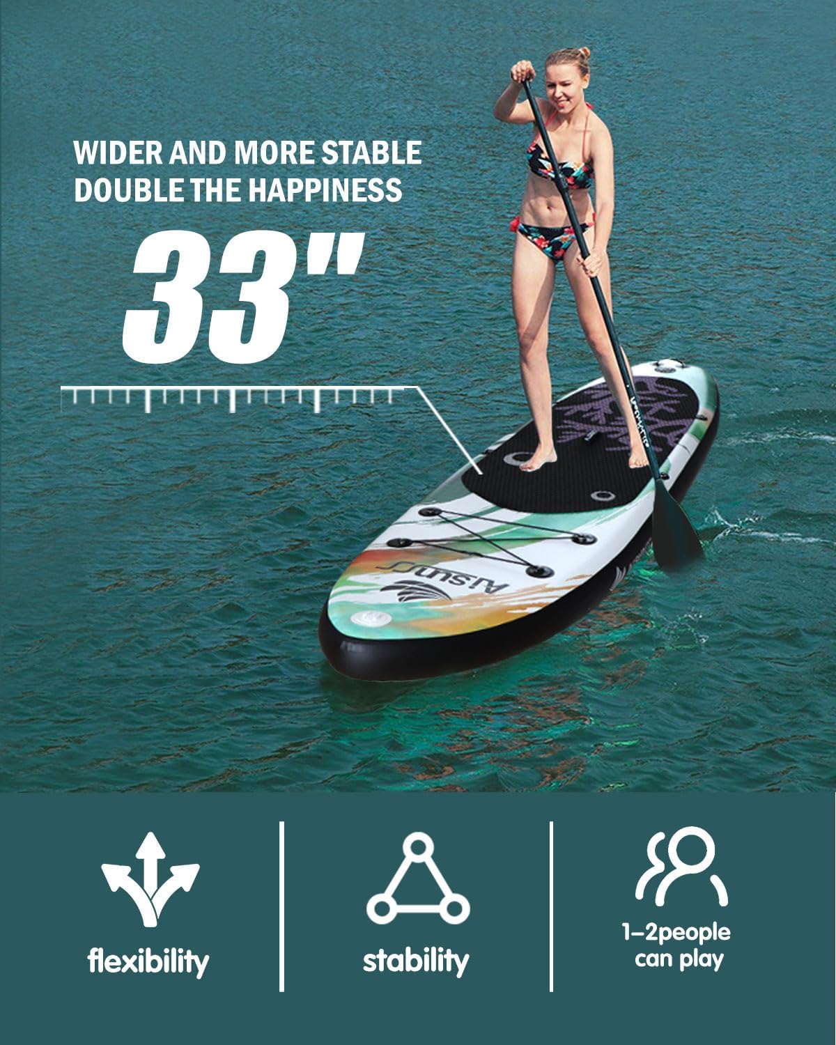 Inflatable wide SUP board with SUP carrying bag, hand pump, 10L waterproof bag and adjustable paddle
