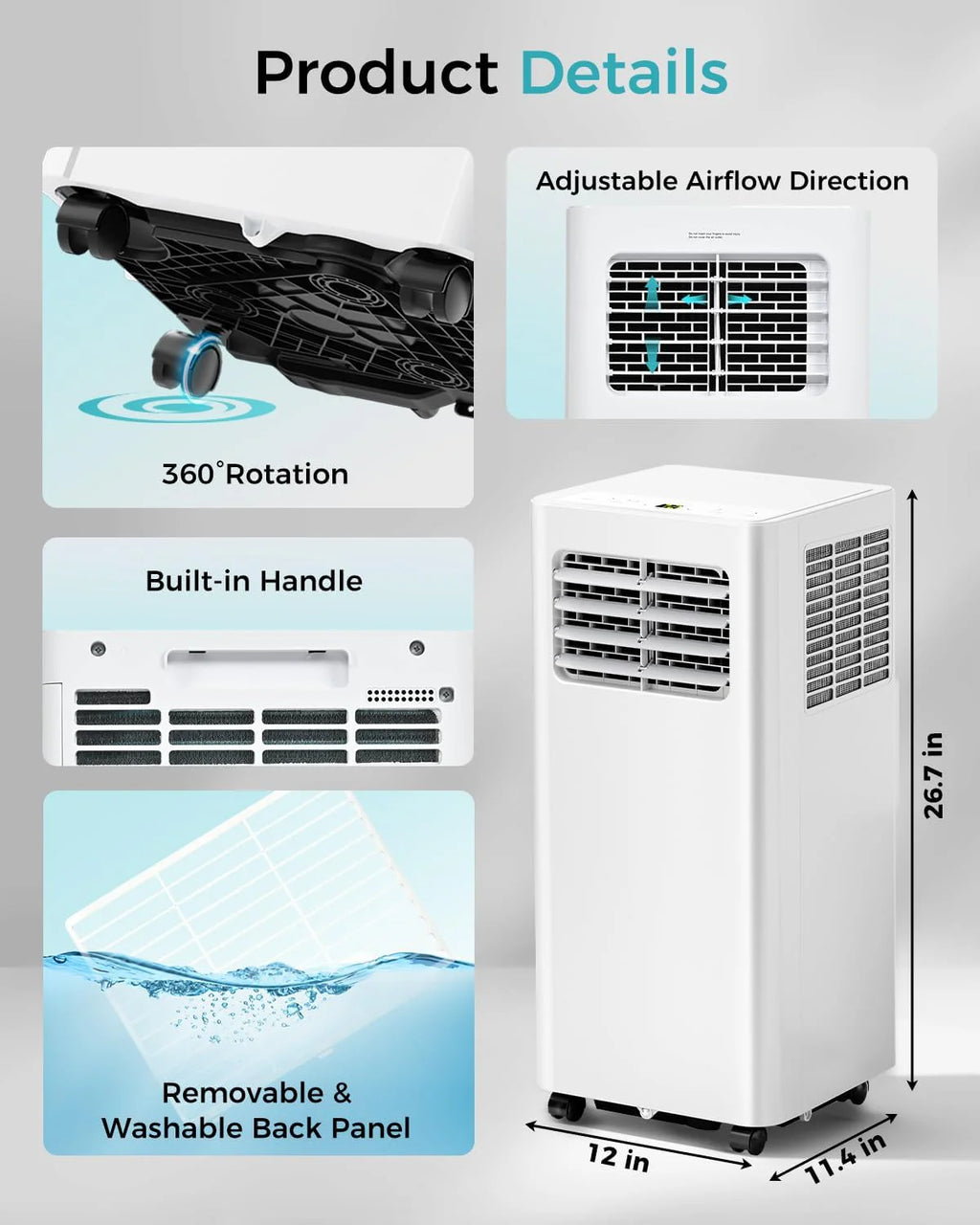 8,000 BTU Portable Air Conditioner - 3-in-1 AC Unit with Remote Control, Ultra-Quiet Cooling for Rooms up to 350 sq. ft., 24H Timer, Sleep Mode