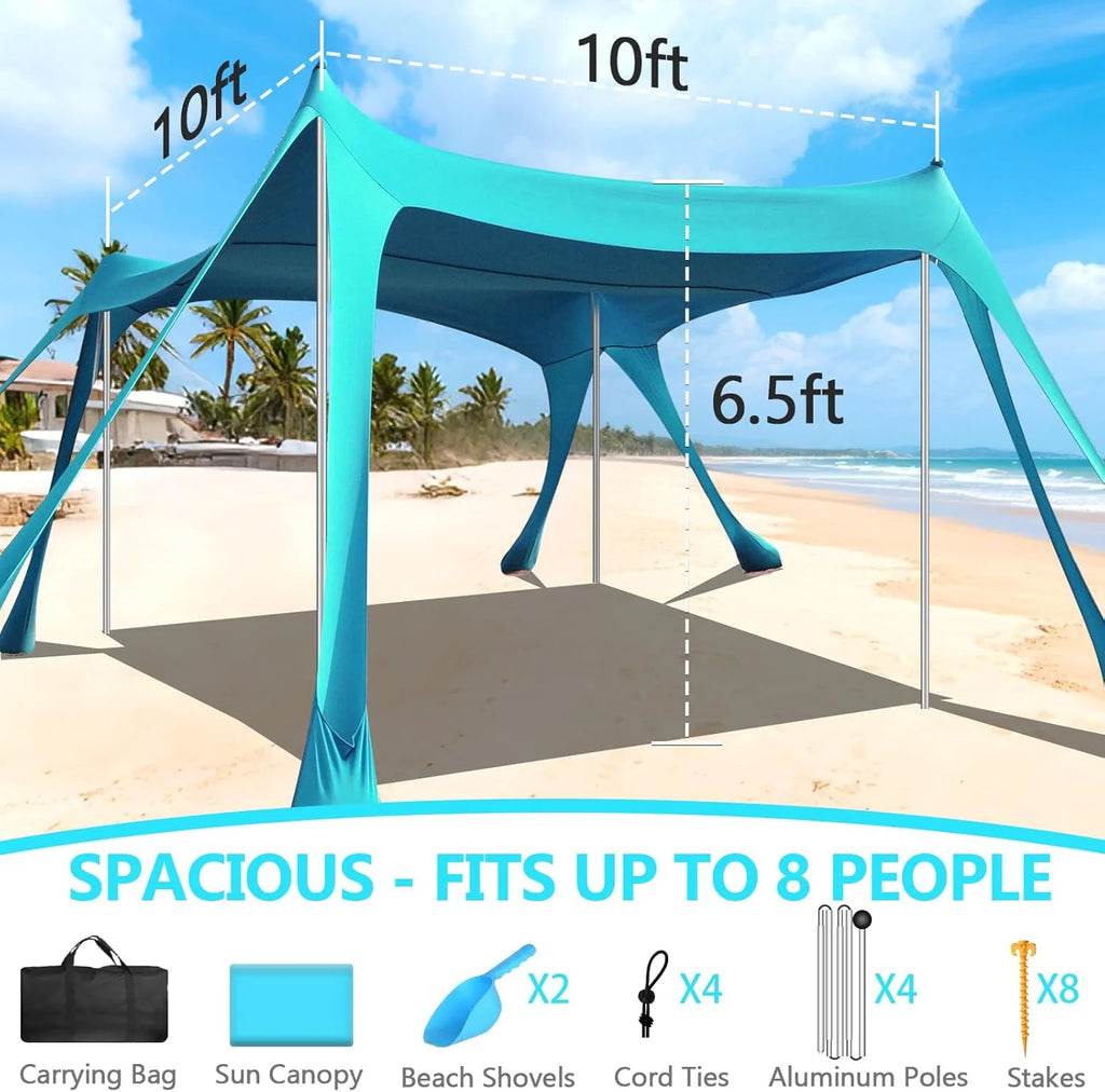Beach Tent Sun Shelter, 10 x 10 FT Beach Canopy Tent Sun Shade Heavy Duty, UPF50+ Beach Tent Canopy with 8 Sandbags & 4 Stability Poles, Outdoor Beach Shade Canopy for Camping and Fishing, Blue