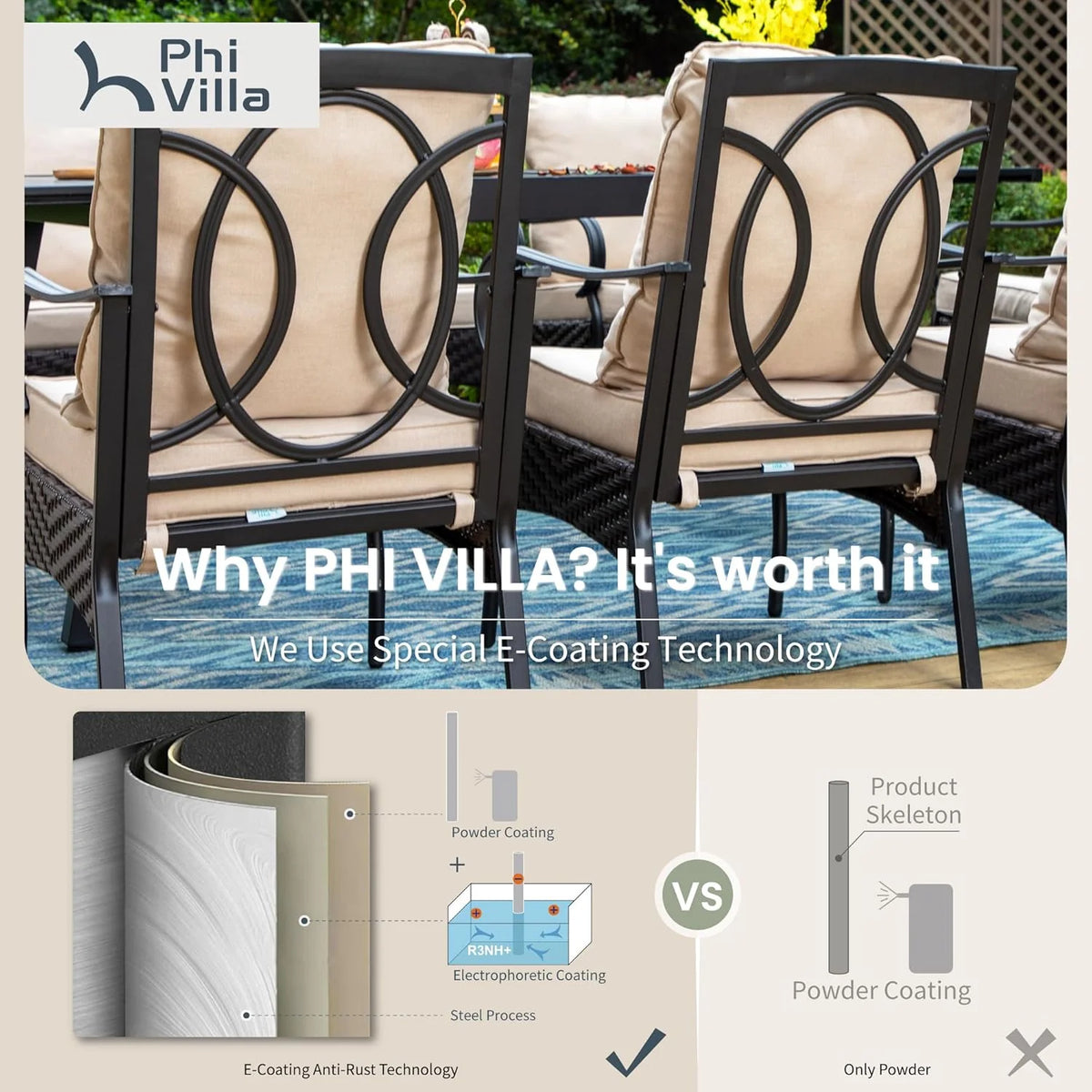 PHI VILLA 6-Piece Outdoor Dining Sets, All-Weather Patio Table and Chairs Set with Umbrella for 4, Heavy Duty Patio Round Table Set for Deck, 4 Extra Large Outdoor Swivel Chairs with Thick Cushions