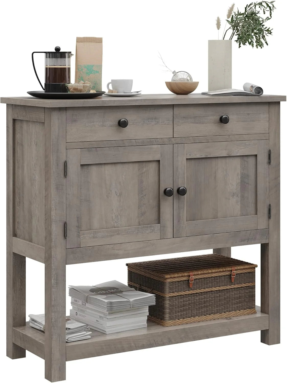 Farmhouse style console table coffee bar, entry table with storage rack, sofa table buffet sideboard