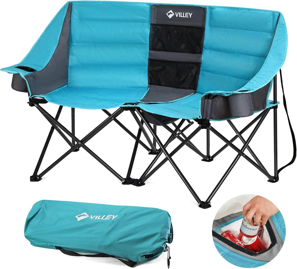 Double camping chair (with cooler bag), extra wide love seat, heavy duty padded camping sofa, portable folding chair