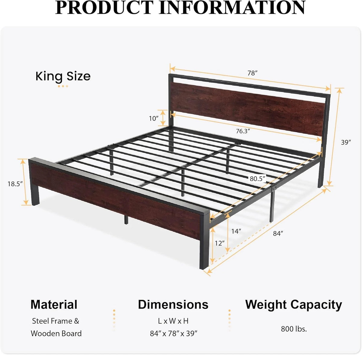 SHA CERLIN 14 Inch Full Size Metal Platform Bed Frame with Wooden Headboard and Footboard