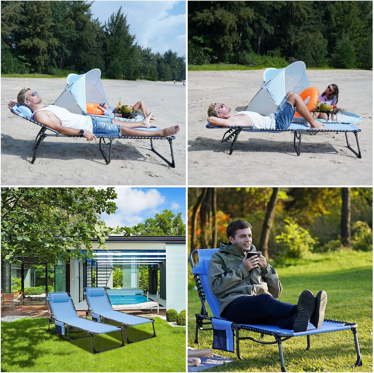 2 Pack Outdoor Chaise Lounge Chair - Portable Folding Patio Pool Lounge Chair, 5 Positions Adjustable Reclining Camping Chair with Side Table,Shoulder Strap, Pillow for Beach Sunbathing Lawn