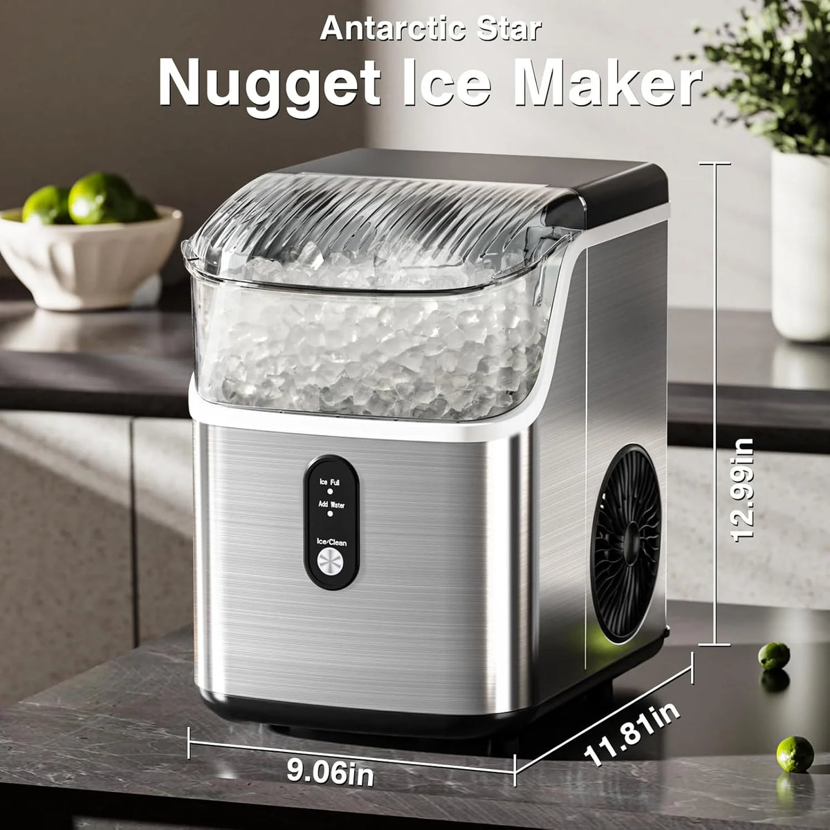 Nugget Ice Makers Countertop, Pebble Ice Machine with Chewable Pellet Ice, 34Lbs/24H, Self-Cleaning, Sonic Ice, One-Click Operation, for Kitchen,Office Stainless Steel Silver