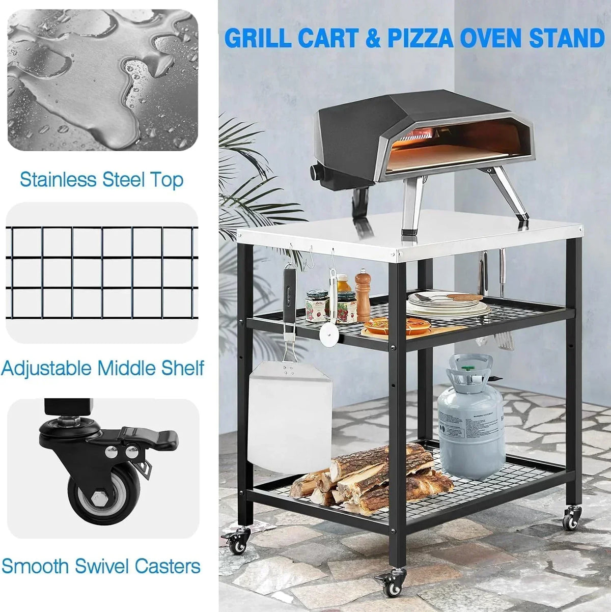 Stainless Steel Outdoor Grill Cart Pizza Oven Stand Trolley Table with Wheels Three-Shelf