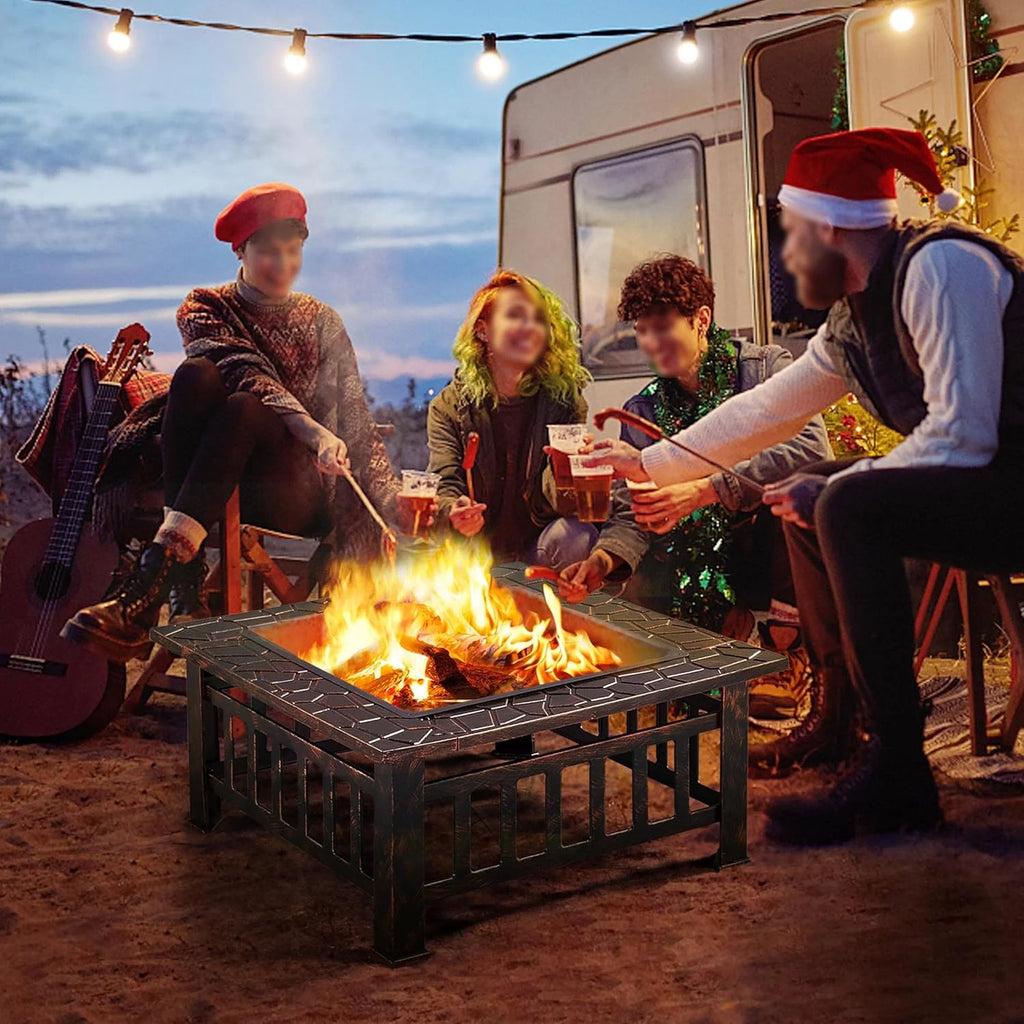 Yaheetech Multifunctional Fire Pit Table 32in Square Metal Firepit Stove Backyard Patio Garden Fireplace for Camping, Outdoor Heating, Bonfire and Picnic