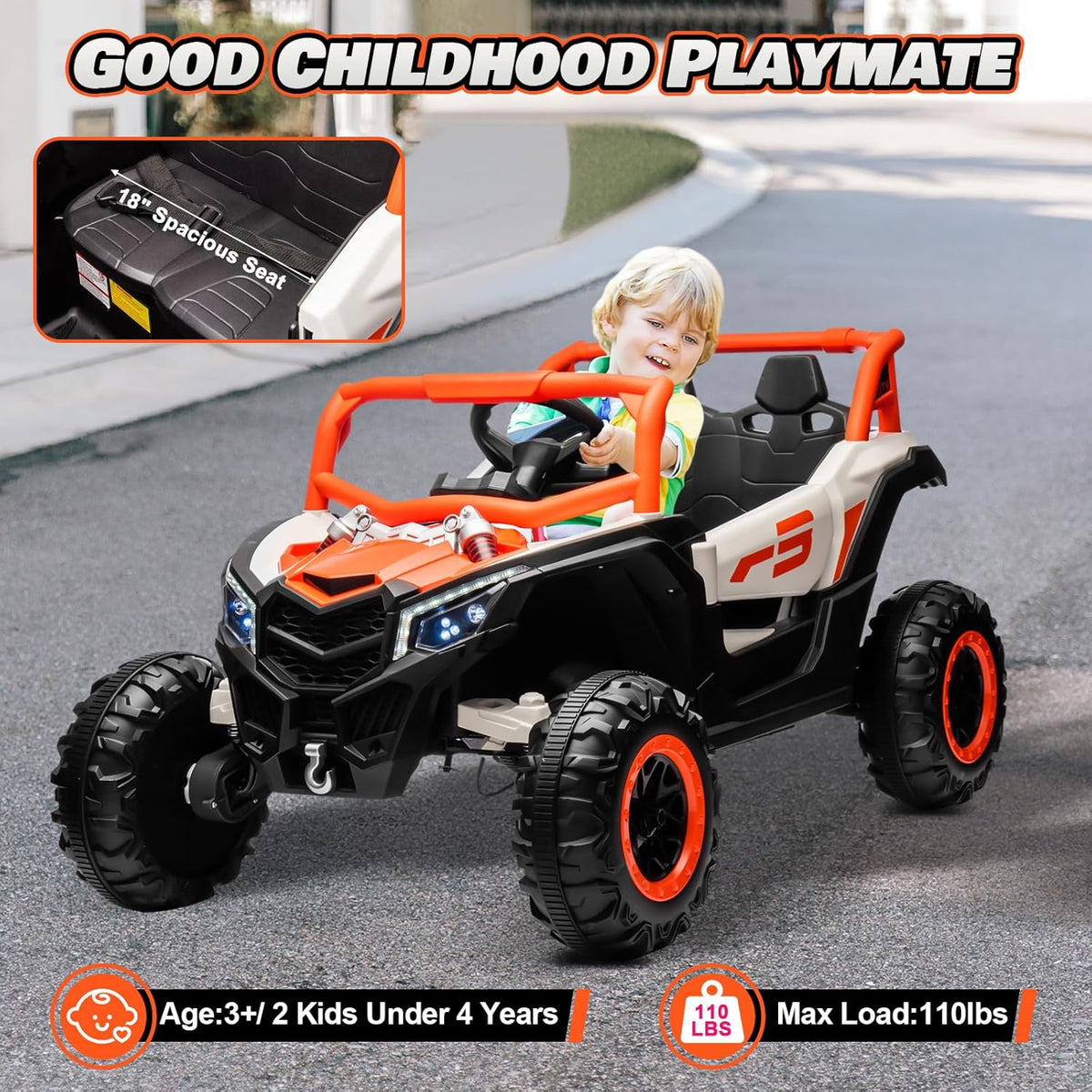JOYRACER Kids Remote Control Car with 4 x 150W Motors, Shock Absorbers, Bluetooth, MP3 Player, and Headlights