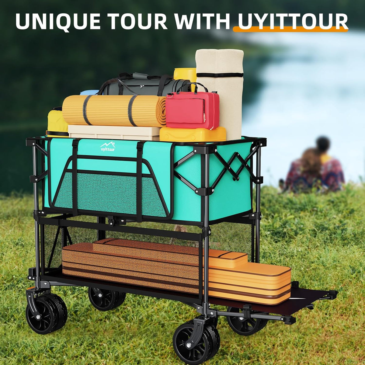 Foldable 50''L Extra Long Double Decker Wagon for Sport, 400L Collapsible Heavy Duty Wagon Cart with Big Wheels, Utility All-Terrain Large Extender Cart for Outdoors