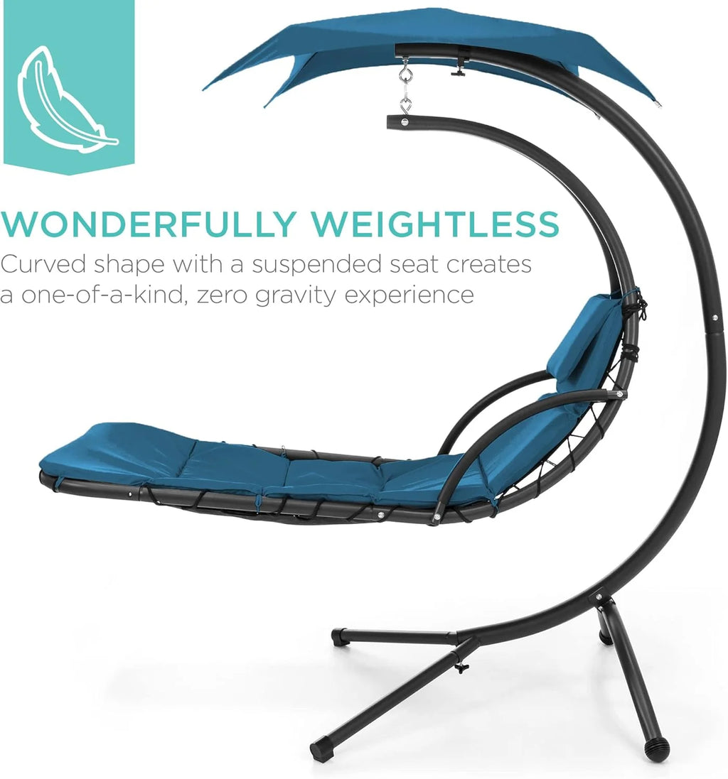 Best Choice Products Outdoor Hanging Curved Steel Chaise Lounge Chair Swing w/Built-in Pillow and Removable Canopy - Teal