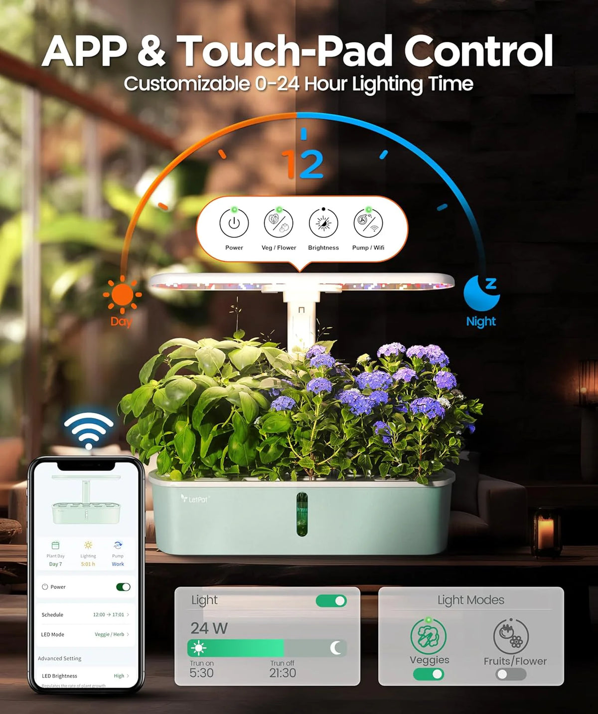 Hydroponic Planting System Kit, App and WiFi Controlled Smart Indoor Garden with 24W Full Spectrum Grow Light