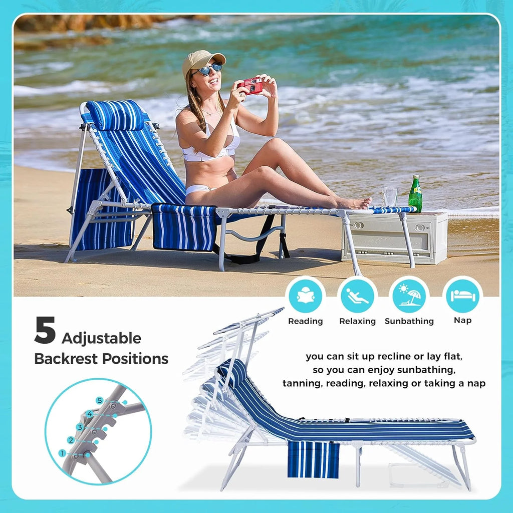 2 Pack Outdoor Chaise Lounge Chair - Portable Folding Patio Pool Lounge Chair, 5 Positions Adjustable Reclining Camping Chair with Side Table,Shoulder Strap, Pillow for Beach Sunbathing Lawn