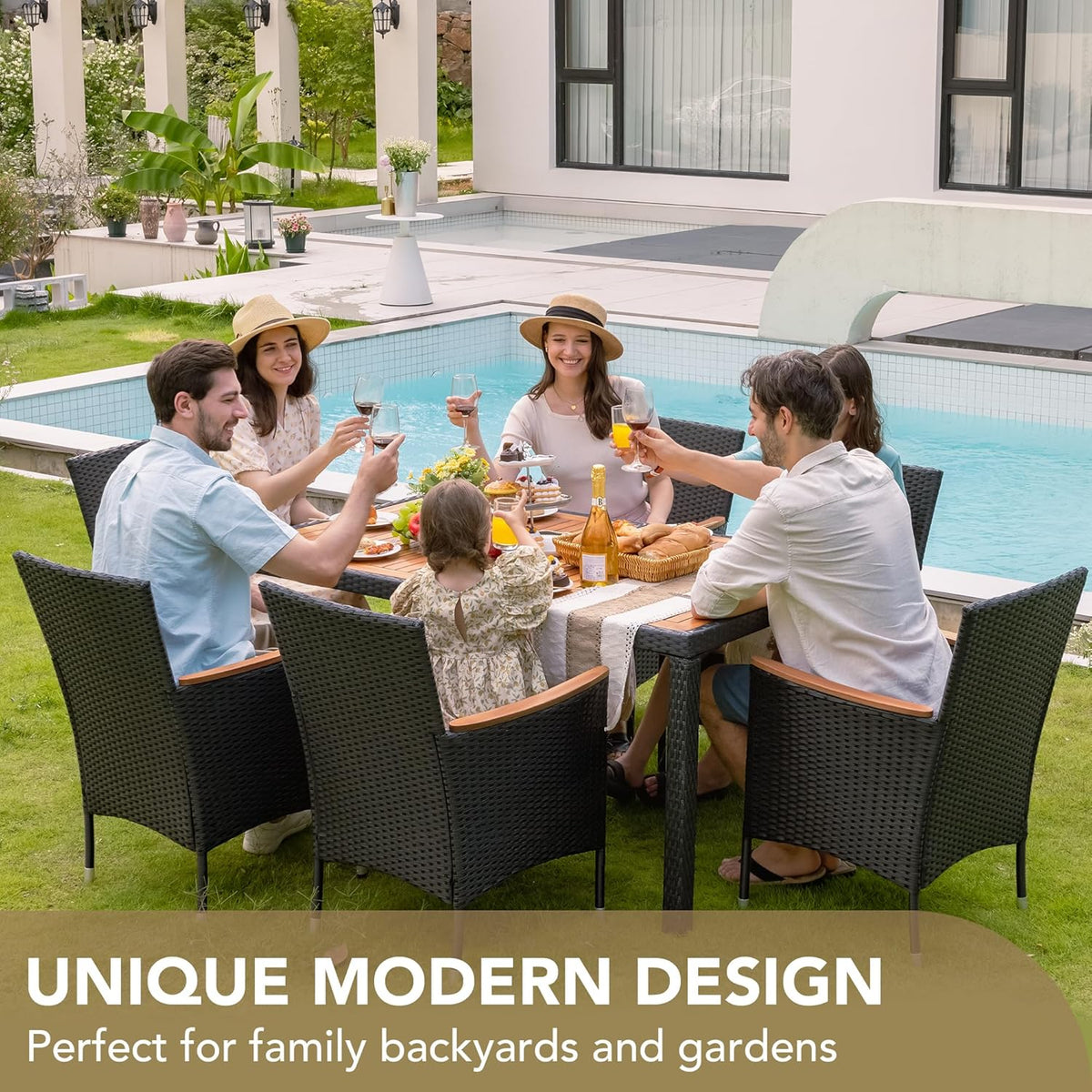 Devoko Dining 7 PCS Furniture Patio Conversation Set with Acacia Wood Table Top Rattan Outdoor